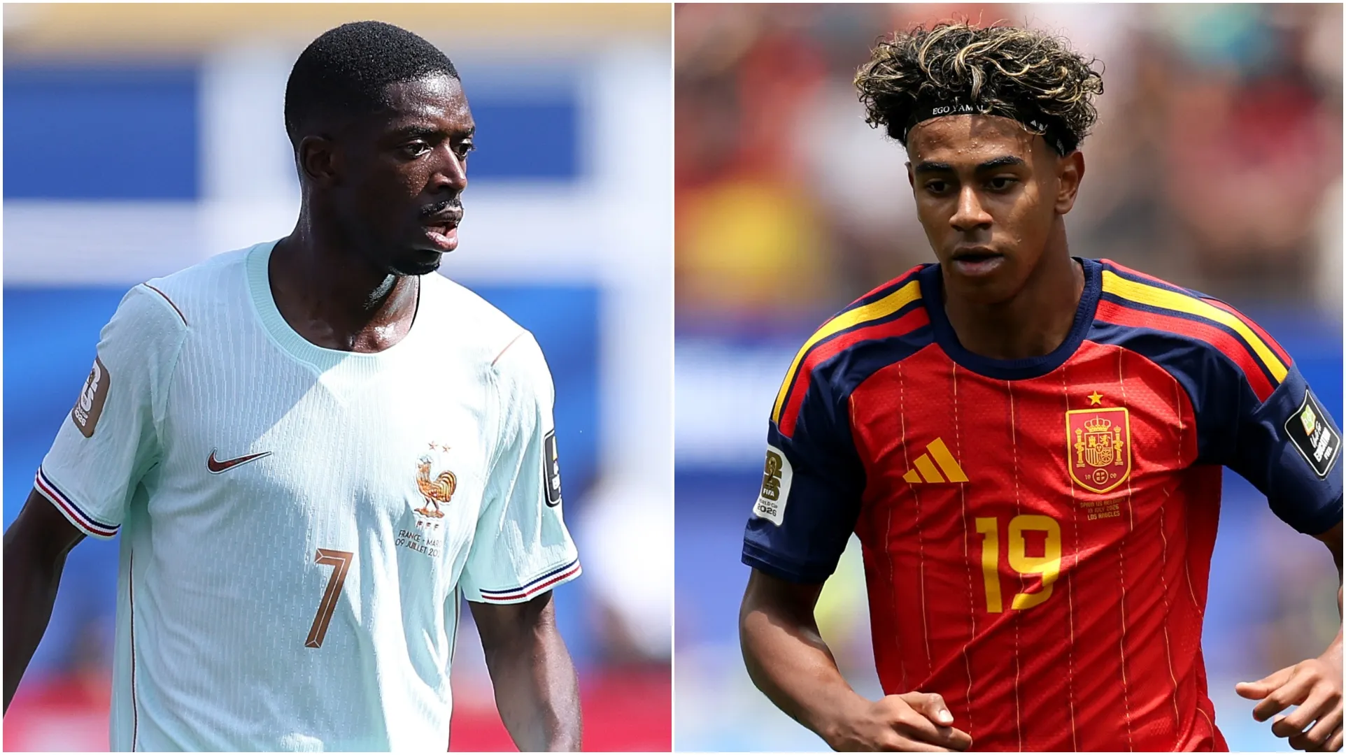 Ousmane Dembele (E) e Lamine Yamal (R). (Kevin C. Cox e Luke Hales/Getty Images)
