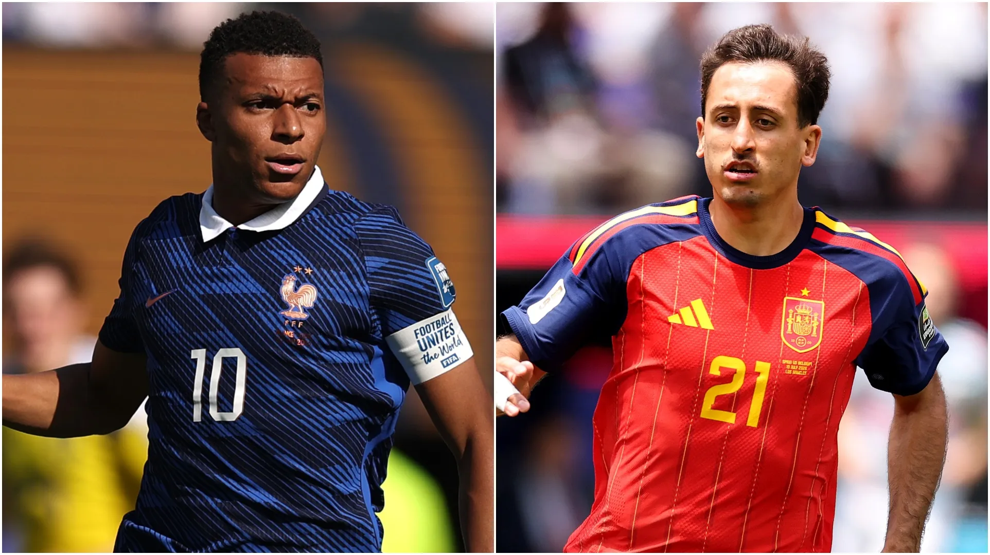 Kylian Mbappé (E) e Mikel Oyarzabal (R). (Mattia Ozbot e Carl Recine/Getty Images)