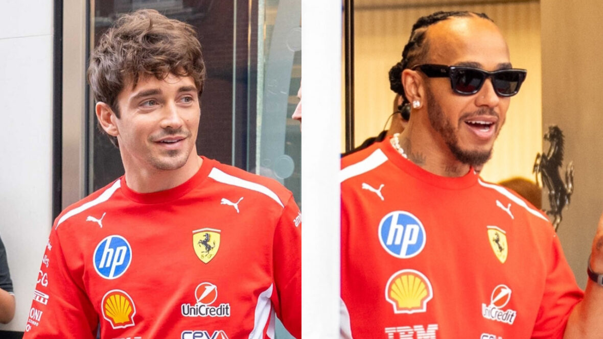 Charles Leclerc e Lewis Hamilton usam camisas da Ferrari enquanto saem de lojas separadas