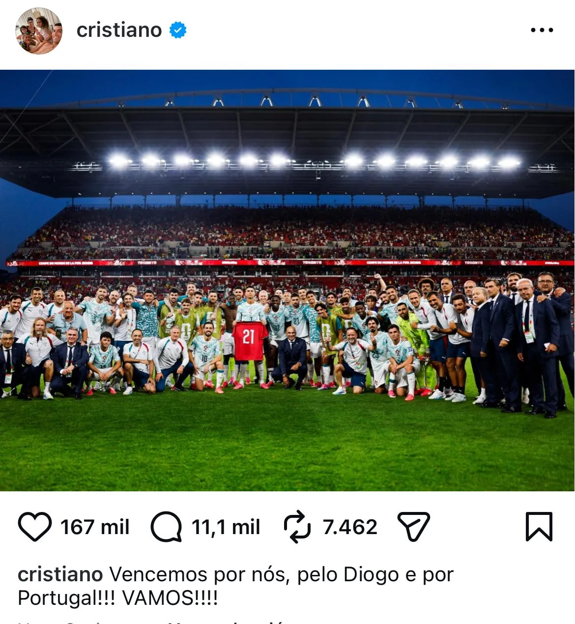Postagem de Cristiano Ronaldo no Instagram após a vitória sobre a Croácia.
