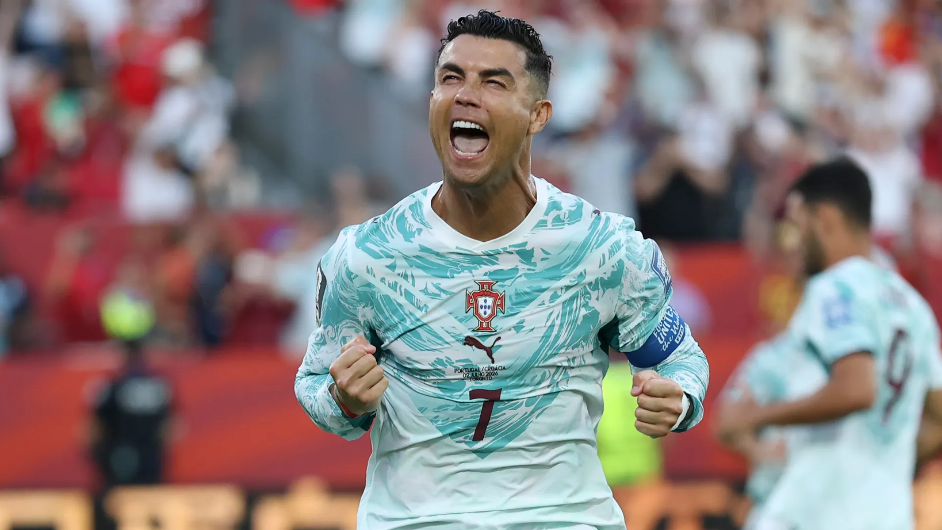 Cristiano Ronaldo #7 de Portugal comemora depois de marcar contra a Croácia.