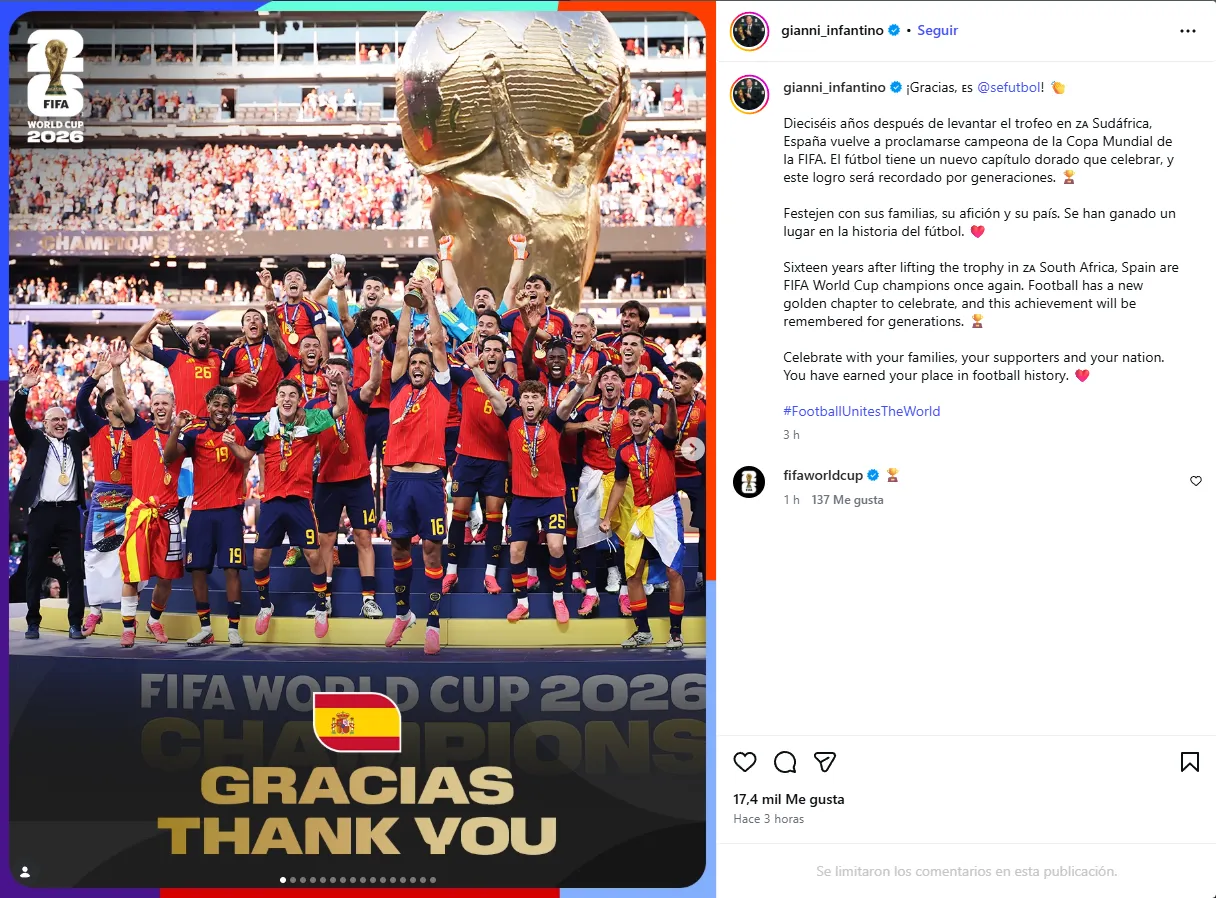 Infantino parabeniza Espanha e Argentina após final da Copa do Mundo de 2026
