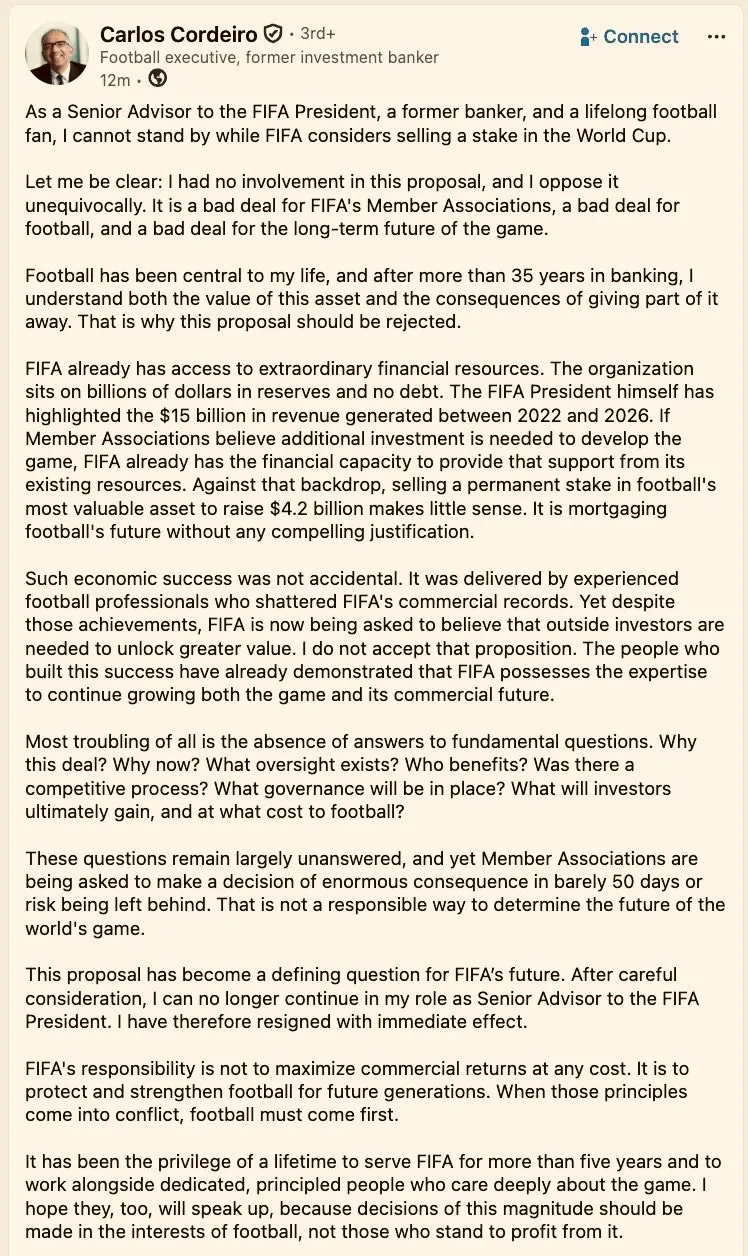 Conselheiro de Infantino renuncia e critica plano da FIFA de vender participação na Copa do Mundo