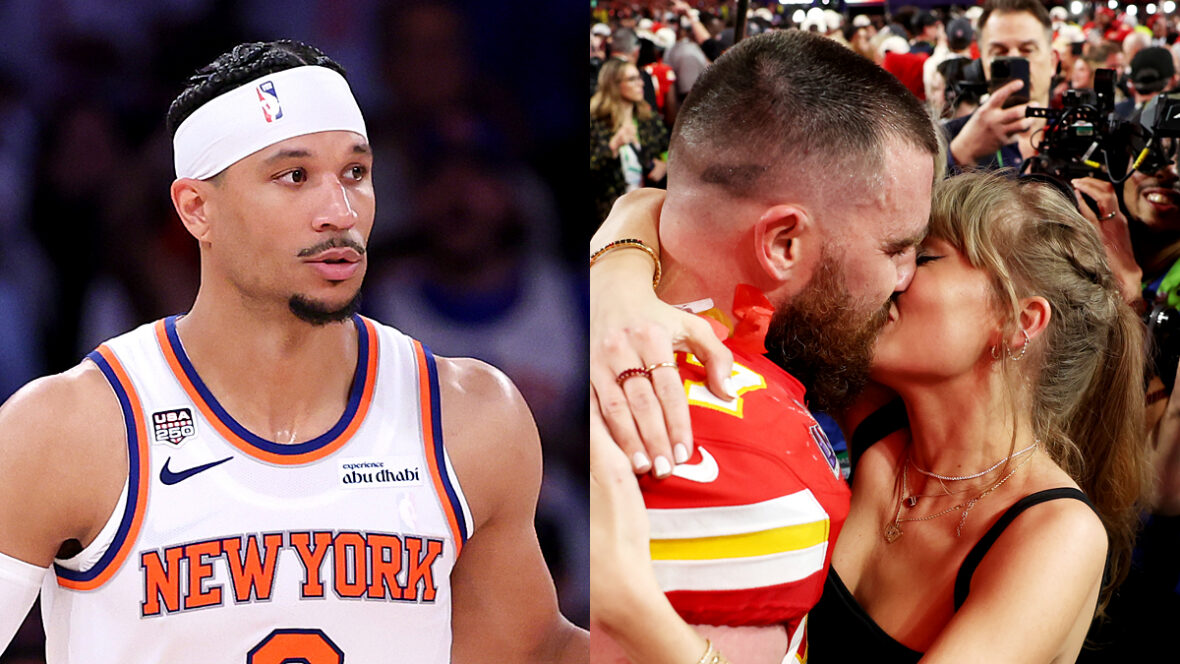 Josh Hart jogando pelos Knicks, Taylor Swift e Travis Kelce se beijando no campo de futebol