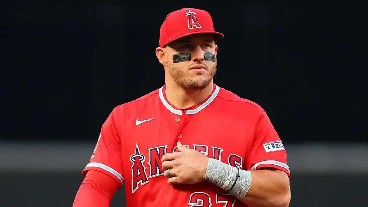 Mike Trout wearing Los Angeles Angels uniform standing at Yankee Stadium