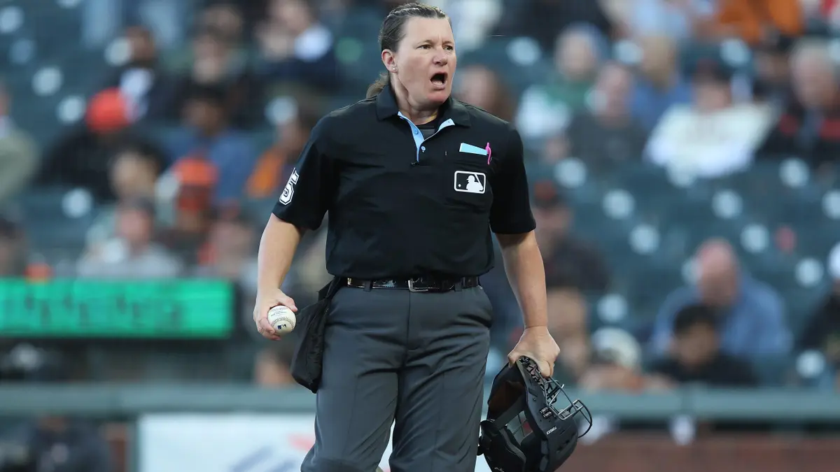 Jen Pawol officiates a game at Oracle Park.