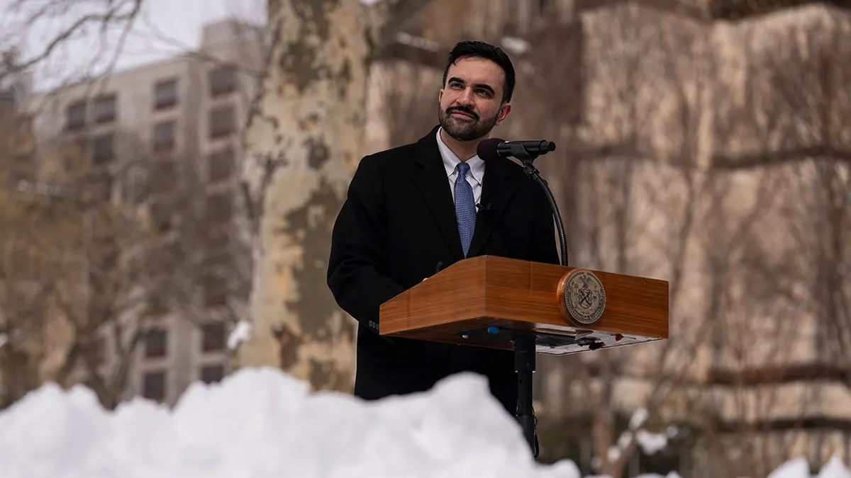 Zohran Mamdani speaking at a news conference in Morningside Heights.