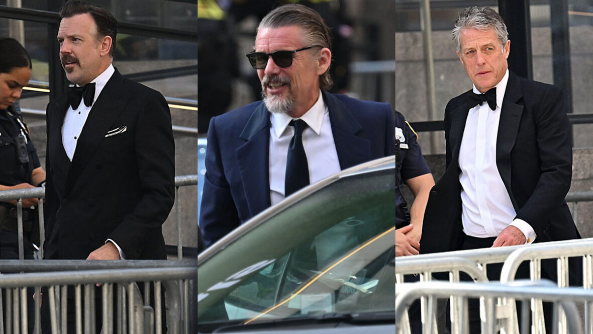 jason-ethan-hugh-msg-taylor-casamento rápido Uma foto em destaque dividida em três partes mostrando Jason Sudeikis, Ethan Hawke e Hugh Grant chegando ao Madison Square Garden para Taylor Swift e Travis Kelce