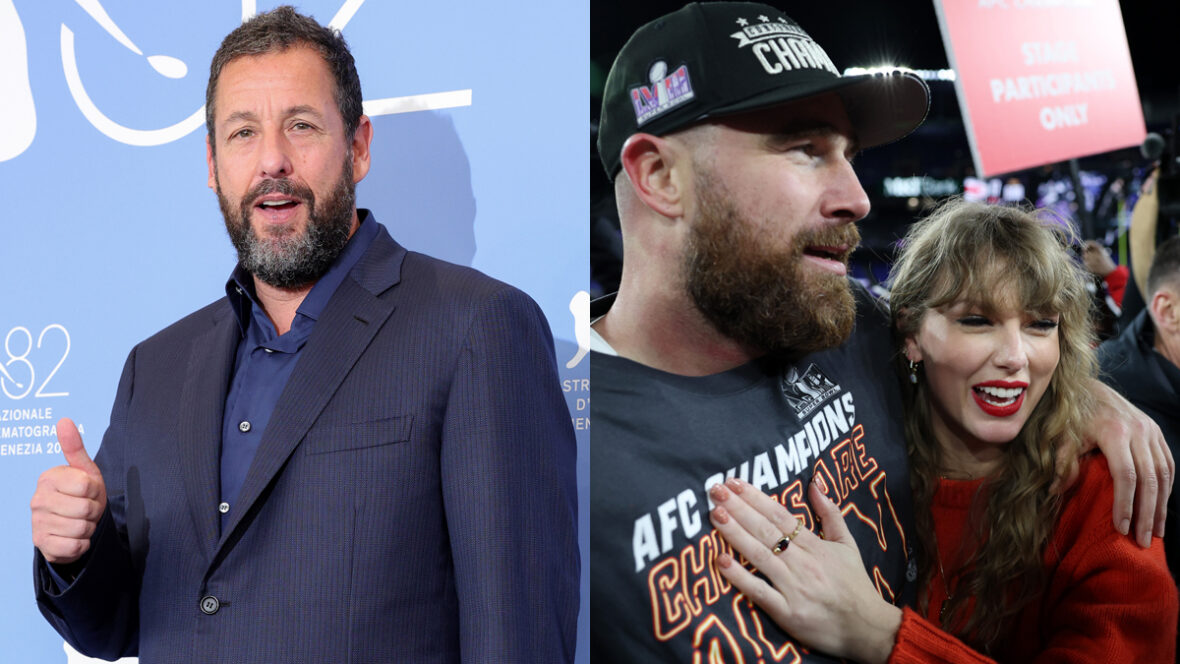 Adam-Sandler-oficializa Split apresentou imagem de Adam Sandler na chamada fotográfica de Jay Kelly e Taylor Swift e Travis Kelce comemorando a vitória do Baltimore Ravens no jogo do campeonato