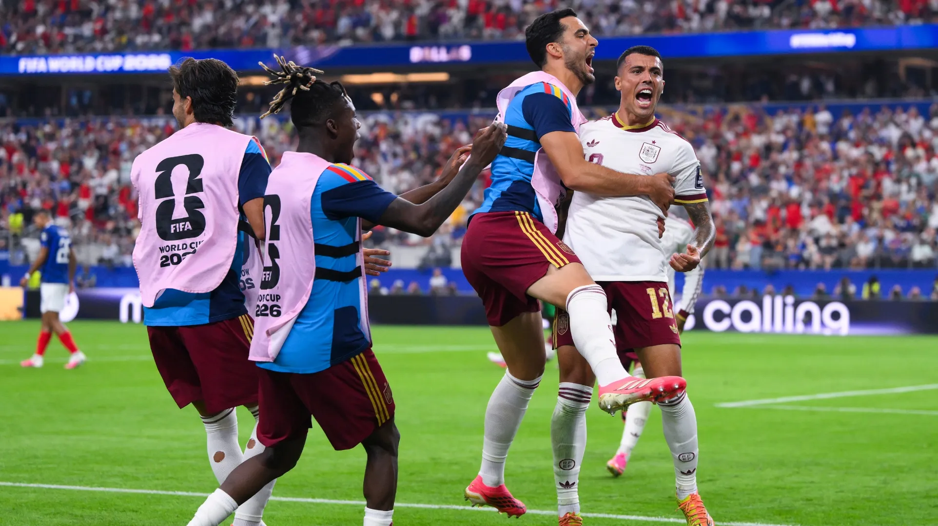 Pedro Porro #12 of Spain celebrates scoring against France.