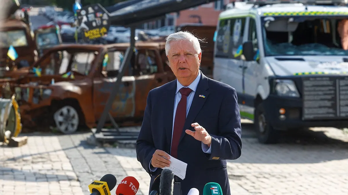 A picture taken on July 10, 2026 shows U.S. Senator Lindsey Graham (R-SC) speaking to the media after his meeting with Ukraine