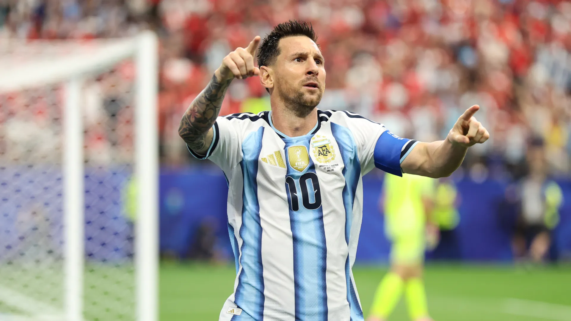 Lionel Messi #10 of Argentina celebrates after scoring