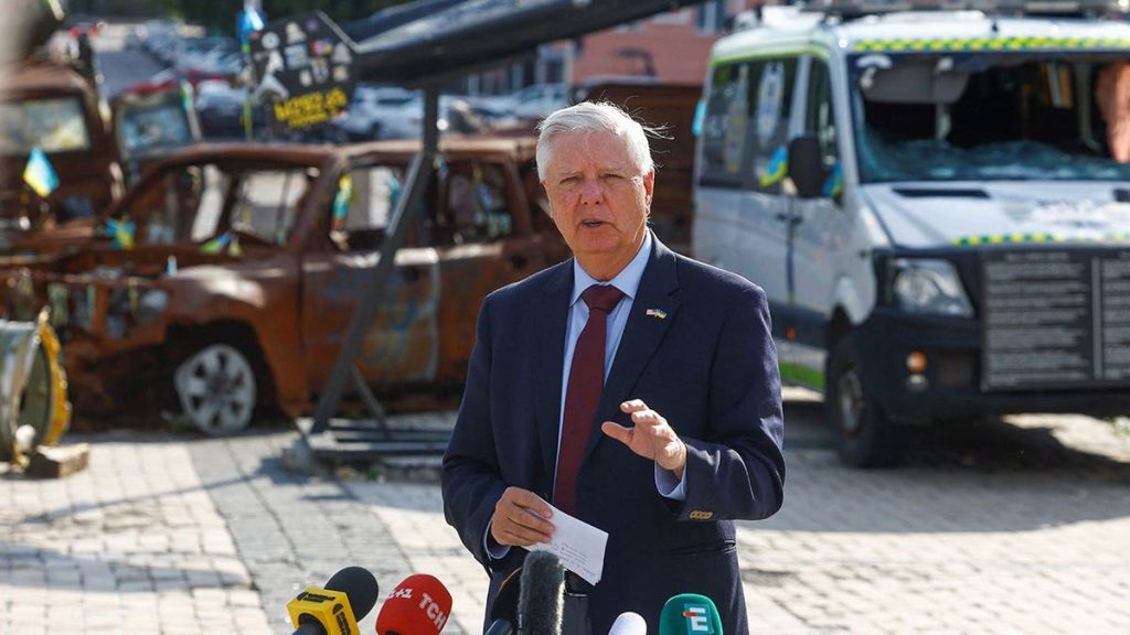 A picture taken on July 10, 2026 shows U.S. Senator Lindsey Graham (R-SC) speaking to the media after his meeting with Ukraine