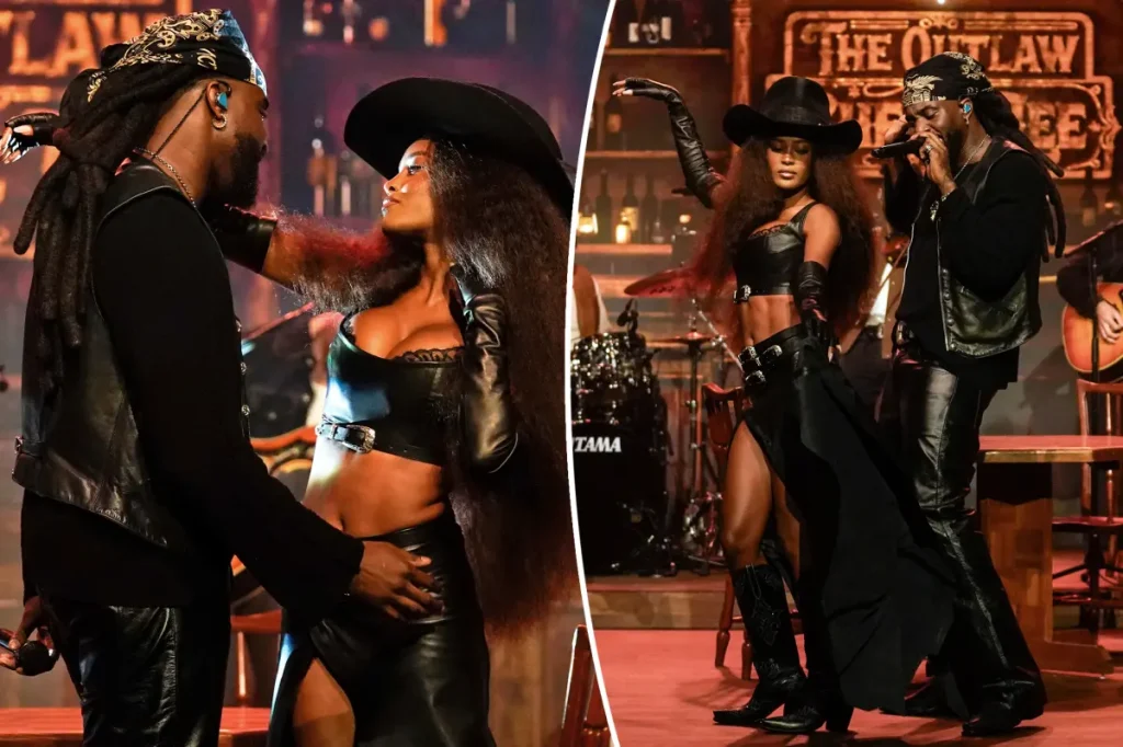 Ciara Miller surge como cowgirl de Shaboozey no ‘Tonight Show’ e indireta atinge ex-colega de elenco