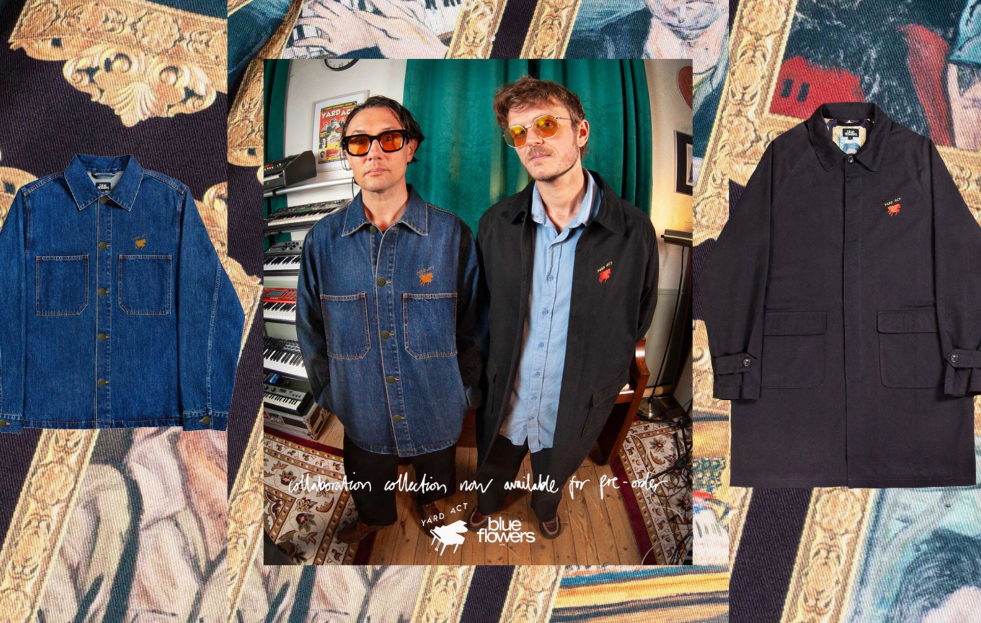 Yard Act lança collab de roupas com Blue Flowers; trench coat traz pinturas dos integrantes