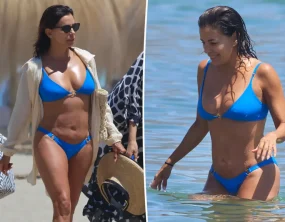 Eva Longoria exibe forma física em biquíni azul durante dia de praia na Espanha