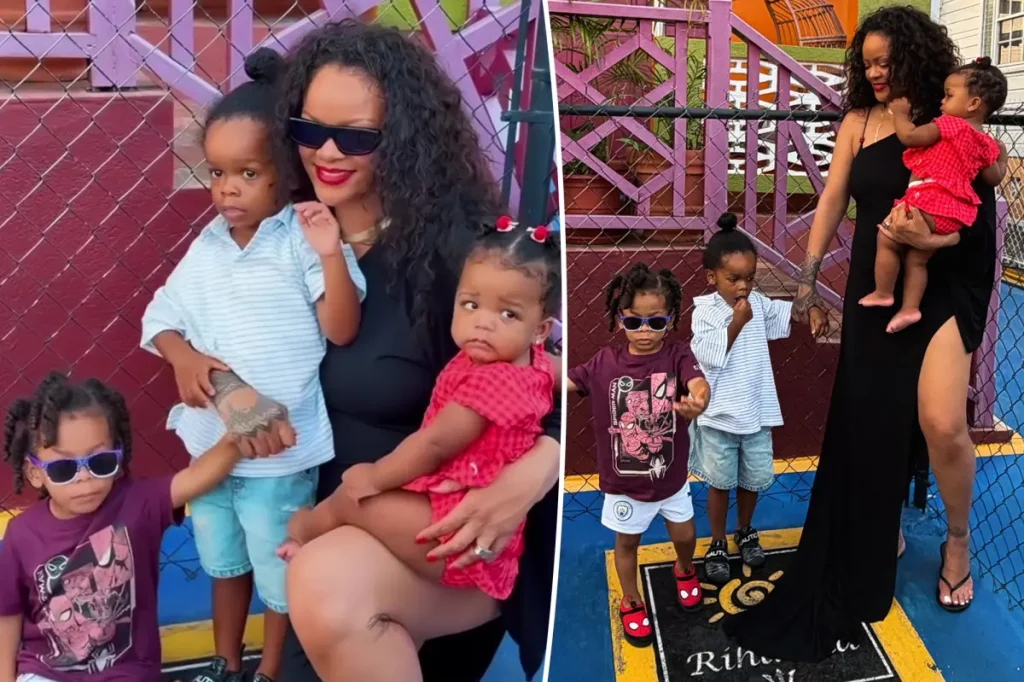 Rihanna leva os três filhos à rua que leva seu nome em Barbados e celebra momento em família
