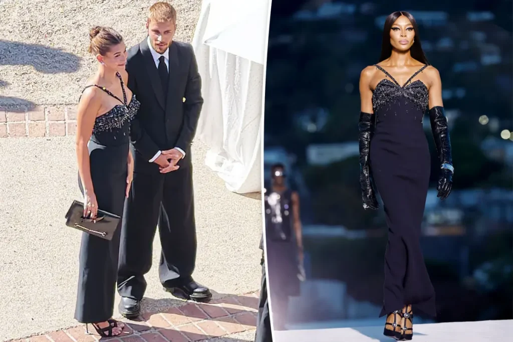 Hailey Bieber usa vestido Versace usado por Naomi Campbell em casamento de Jordyn Woods