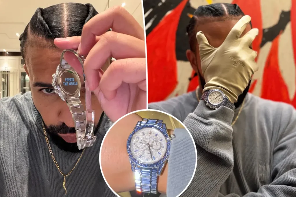 Drake mostra Rolex Daytona exclusivo cravejado de diamantes e safiras avaliado em até US$ 5 milhões