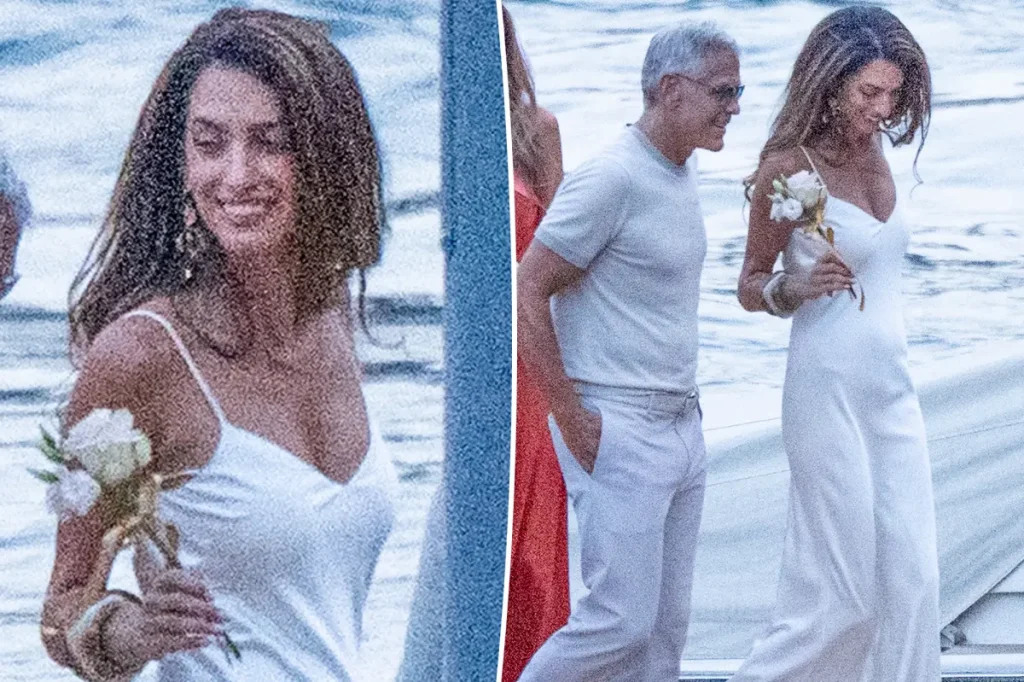 Amal Clooney aposta em vestido branco de seda para noite romântica no Lago de Como