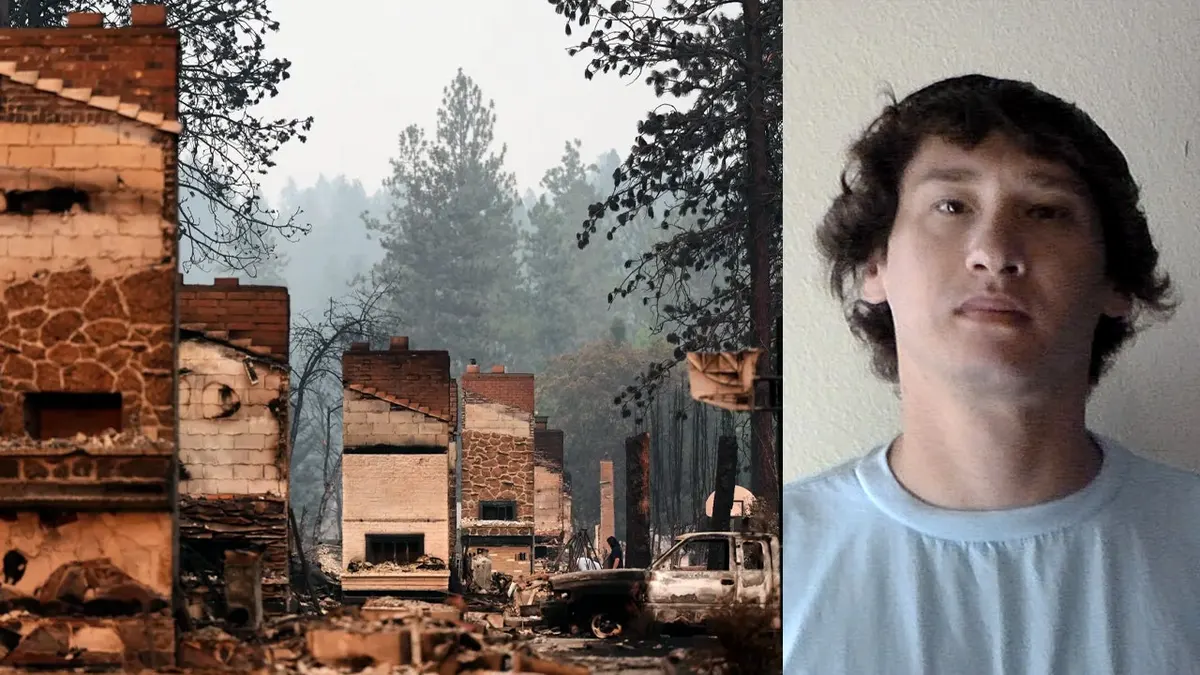 A composite image showing destruction from the Old Trails Fire in eastern Washington alongside Aaron F. Farinacci, who was arrested on suspicion of first-degree arson.