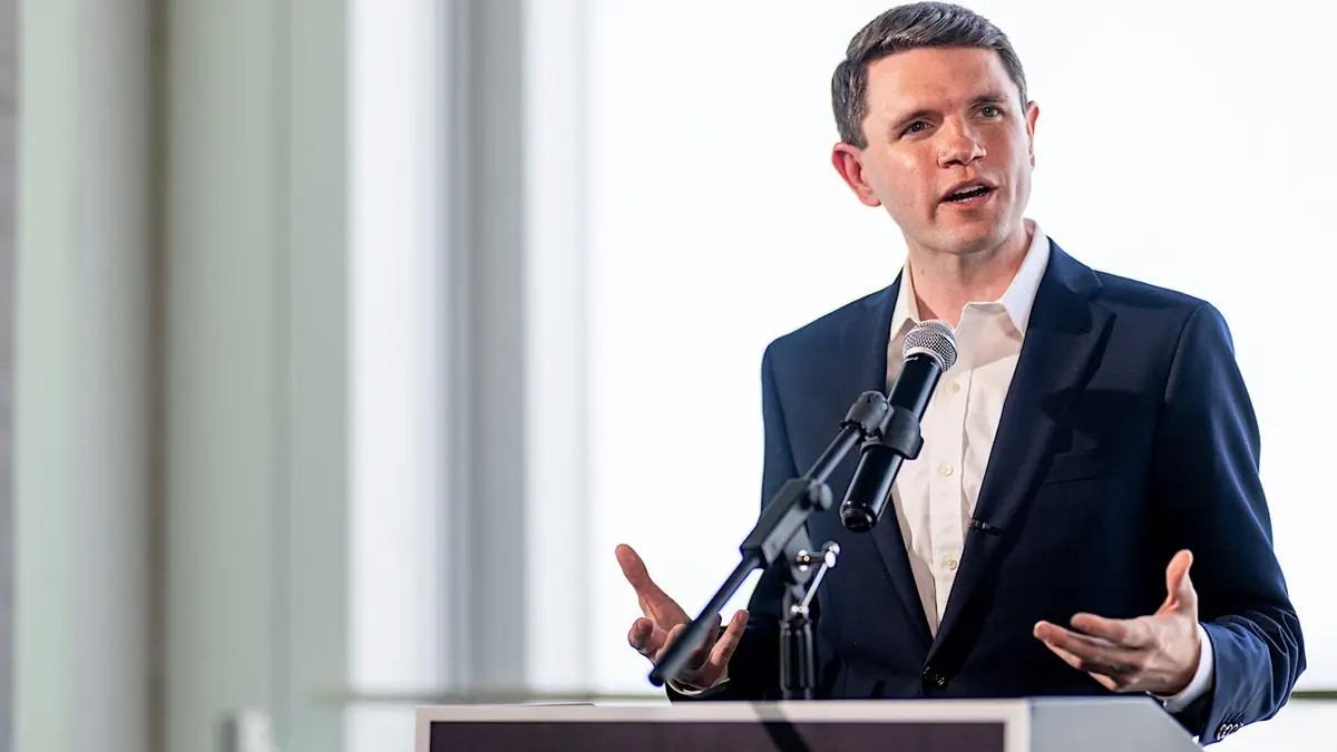 James Talarico speaks at a press conference in Austin, Texas.