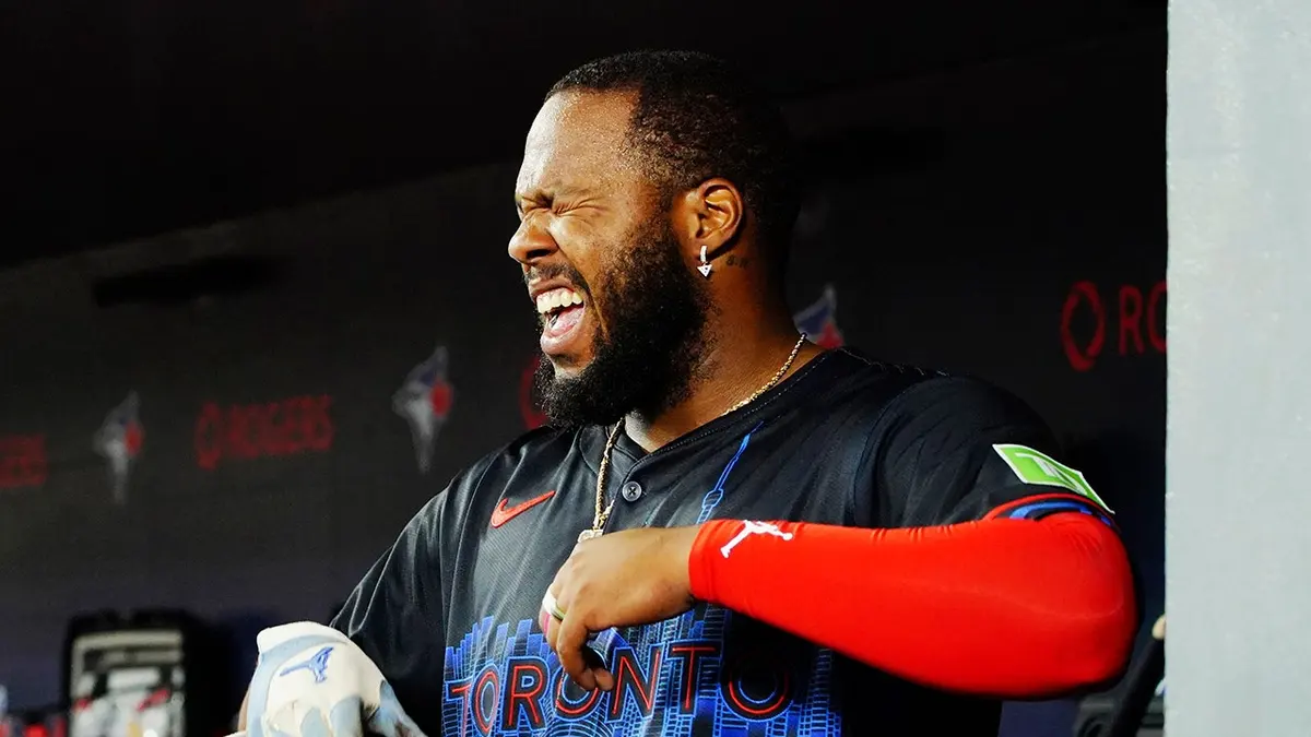 Vladimir Guerrero Jr. reacts during a Toronto Blue Jays game.