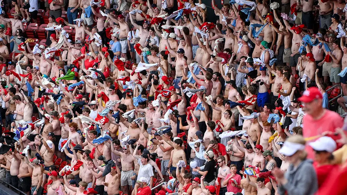 Shirtless St. Louis Cardinals fans celebrating at Busch Stadium