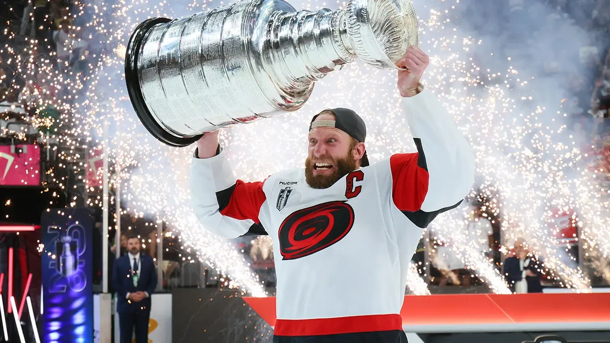 Eric Staal lifting Stanley Cup