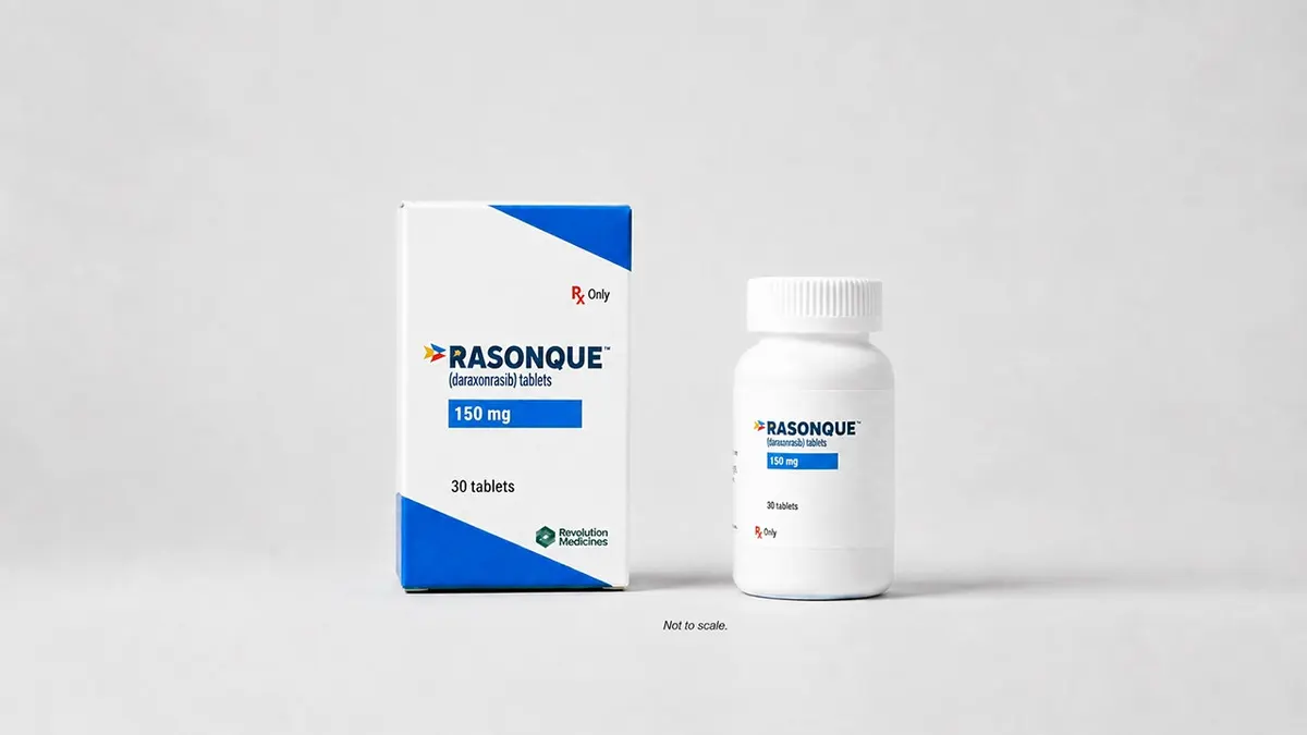 Image of RASONQUE (daraxonrasib) bottle and carton packaging.