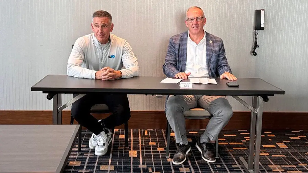 SEC commissioner Greg Sankey and Big Ten commissioner Tony Petitti meet with reporters during a joint press conference in Nashville, Tennessee