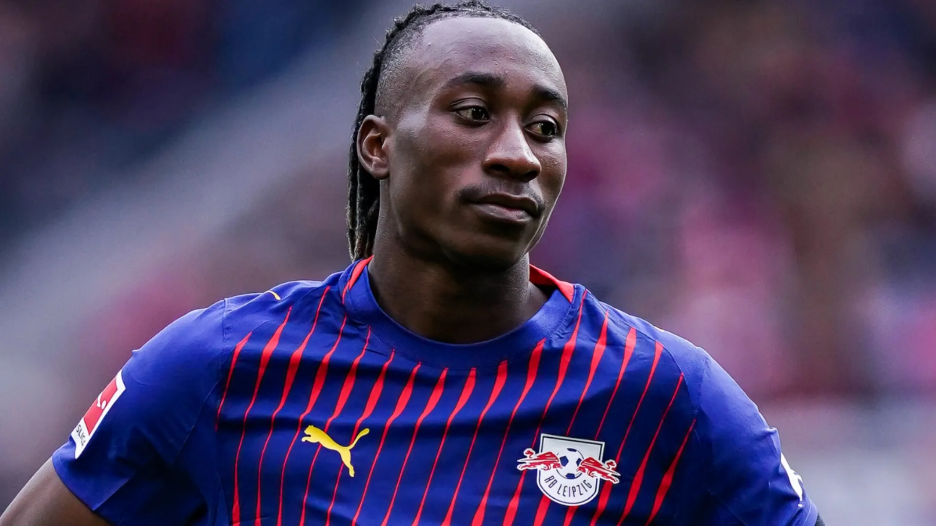 Yan Diomande of RB Leipzig looks on during a Bundesliga game.