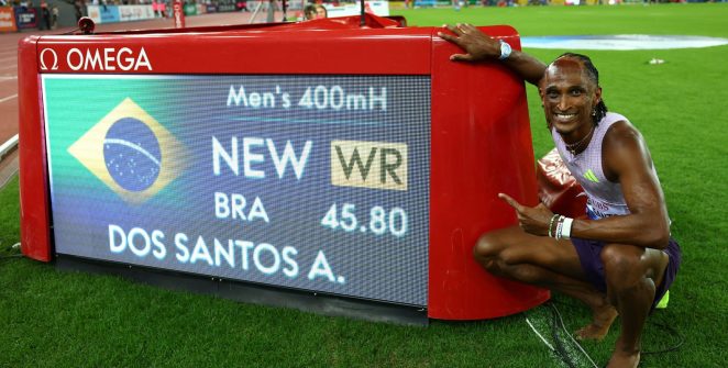 Alison dos Santos crava 45s80 e quebra recorde mundial dos 400m com barreiras