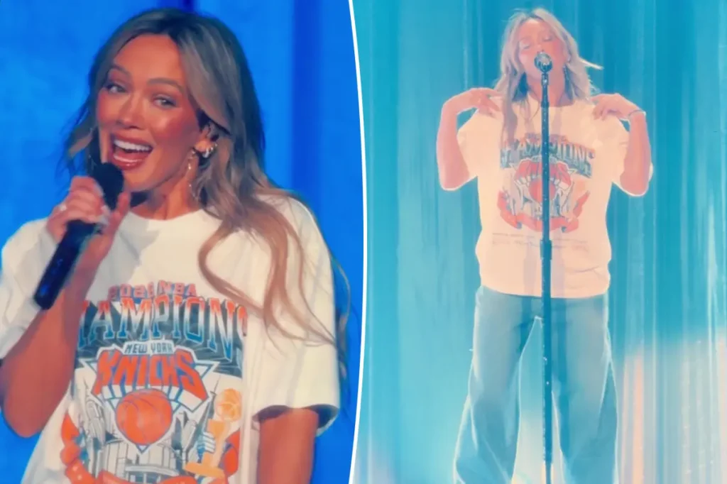 Hilary Duff celebra título dos Knicks com camiseta especial em show no Madison Square Garden