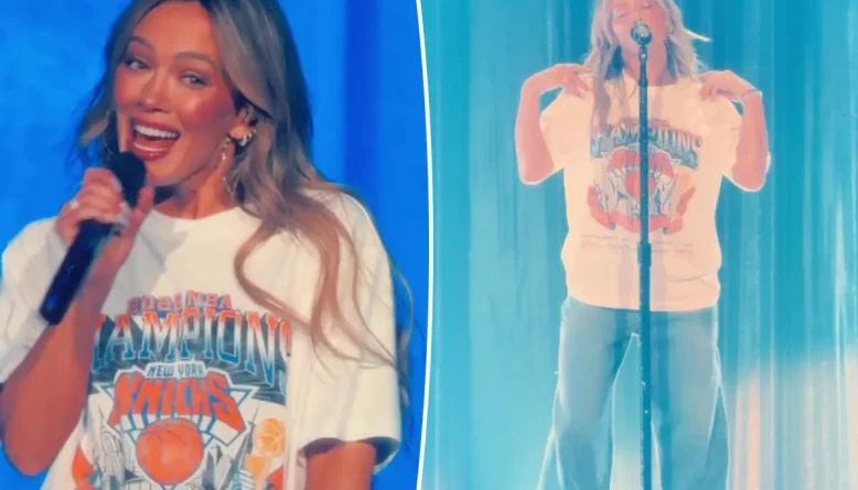 Hilary Duff celebra título dos Knicks com camiseta especial em show no Madison Square Garden