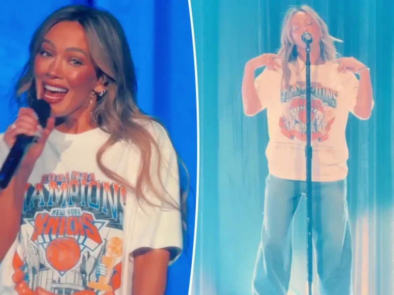 Hilary Duff celebra título dos Knicks com camiseta especial em show no Madison Square Garden