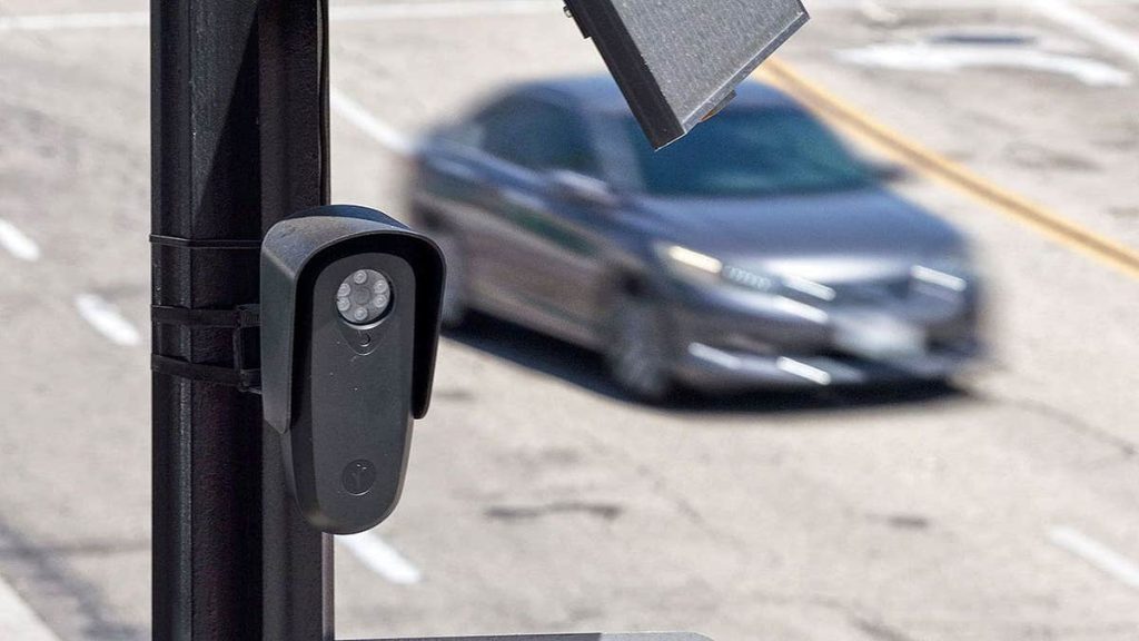 Flock Safety camera mounted to a light pole in Burbank, Calif., on Aug. 3, 2026.
