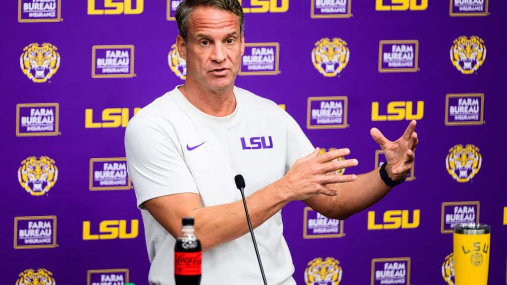 Head coach Lane Kiffin speaking at LSU Football Practice Facility in Baton Rouge