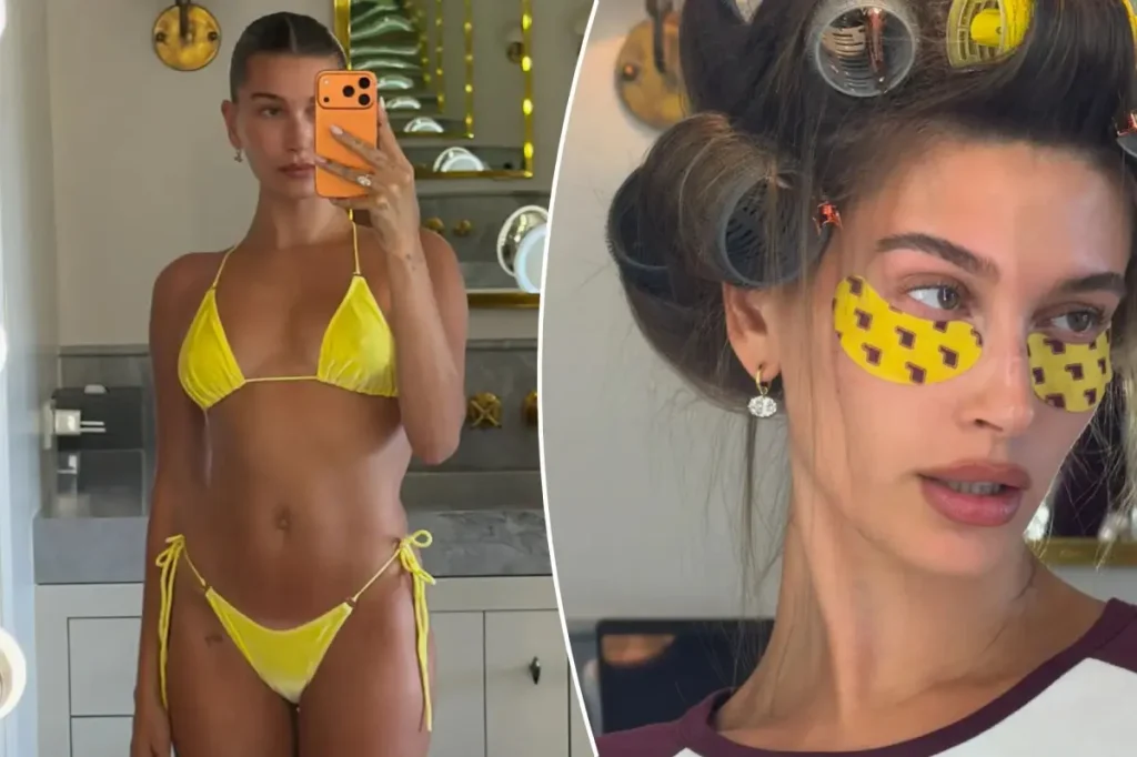 Hailey Bieber aposta em biquíni de veludo amarelo em novo registro de verão