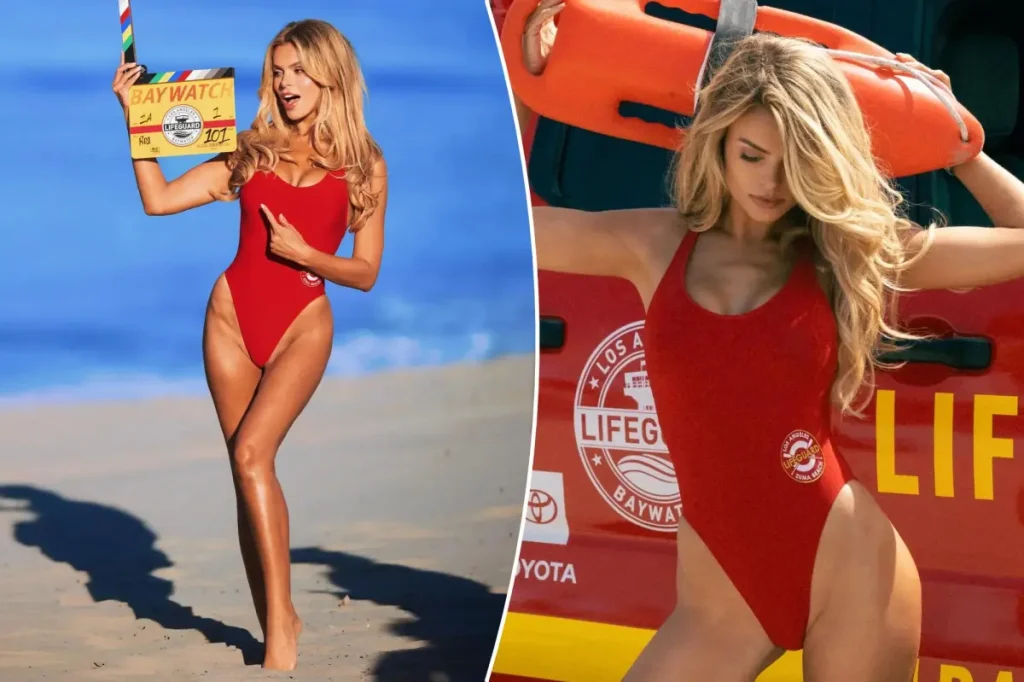 Brooks Nader exibe maiô vermelho clássico em bastidores da refilmagem de Baywatch