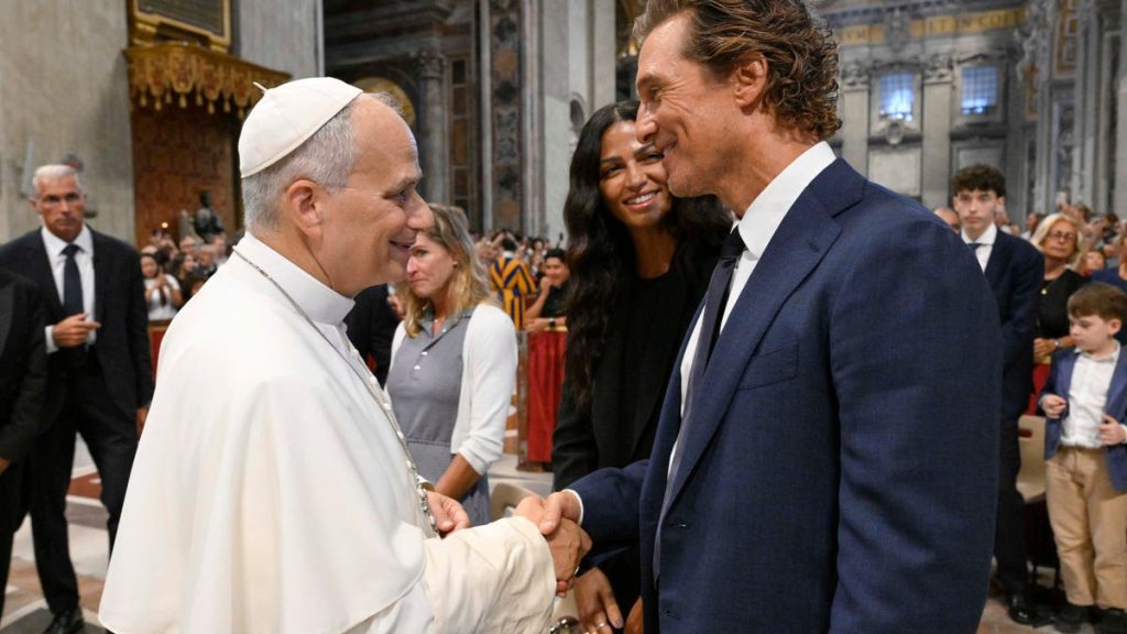 Pope Leo XIV greets Matthew McConaughey and Camila Alves at St. Peter