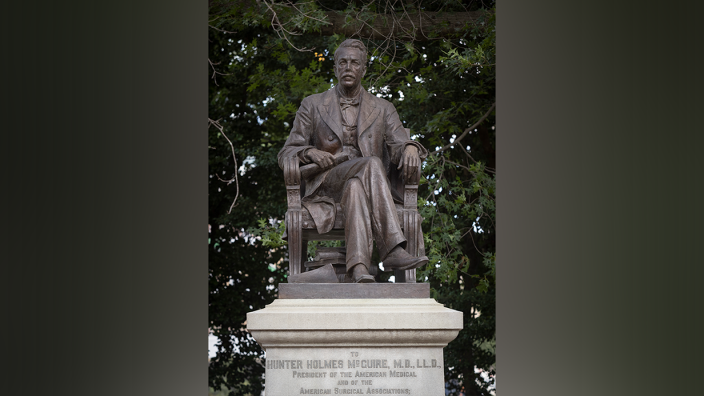 A statue of Dr. Hunter Holmes McGuire, Confederate surgeon, stands in Capitol Square, July 20, 2022 in Richmond, Virginia.