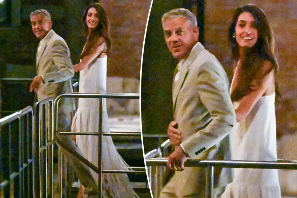 Amal Clooney reencontra cenário do casamento em Veneza com visual de noiva