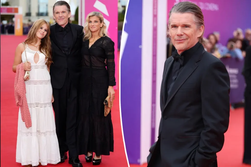 Ethan Hawke comparece a evento com a esposa Ryan e a filha Indiana, de 15 anos