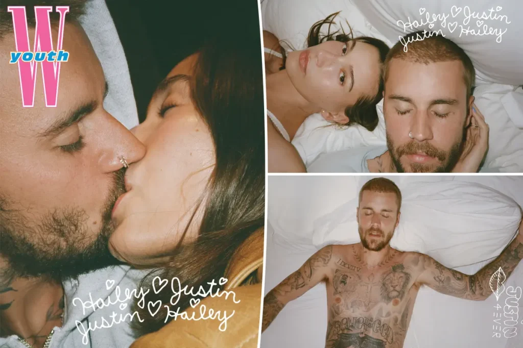 Justin e Hailey Bieber trocam carícias em ensaio íntimo para revista