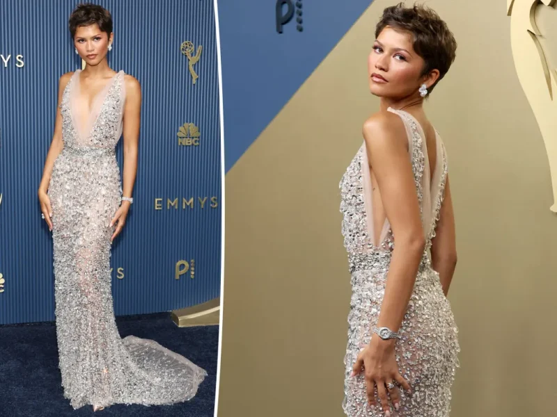 Zendaya aposta em pixie cut e vestido bordado decotado no tapete vermelho do Emmy 2026