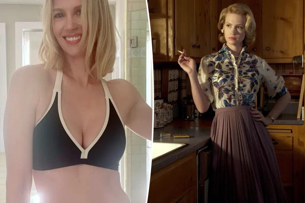 January Jones posa de biquíni preto e branco e diz que ainda não é hora de suéteres