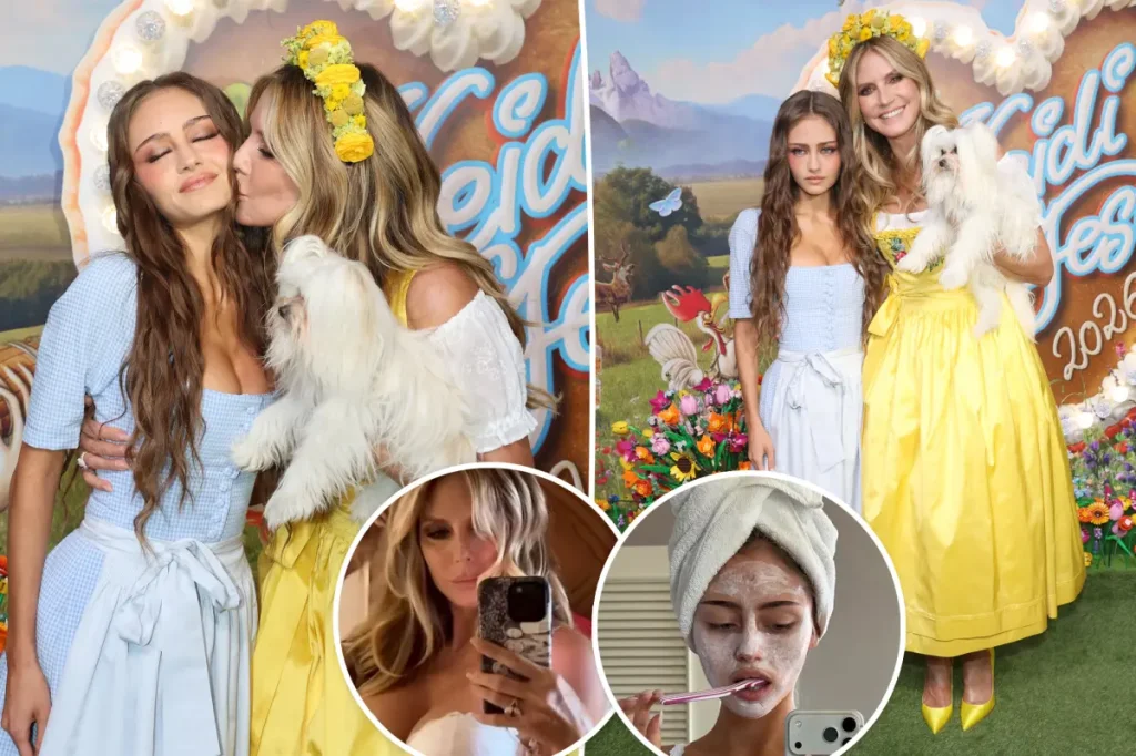 Heidi Klum e a filha Leni aparecem de lingerie branca combinando durante preparativos para a Oktoberfest