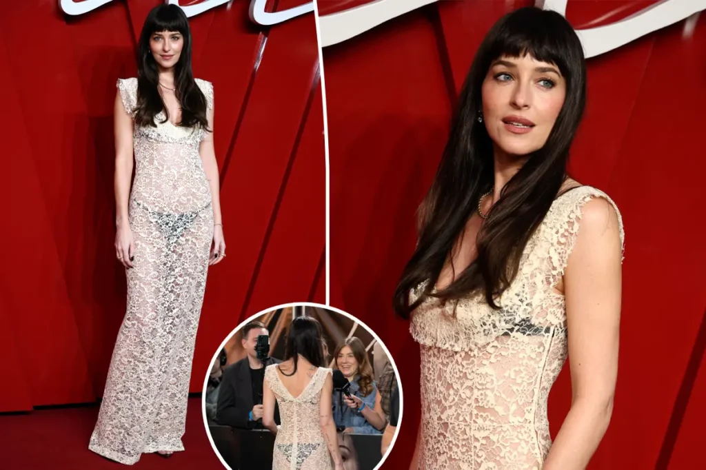 Dakota Johnson usa vestido de renda transparente em estreia de Verity em Londres