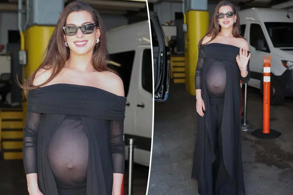 Anne Hathaway aposta em looks pretos na reta final da gravidez e na divulgação de Verity